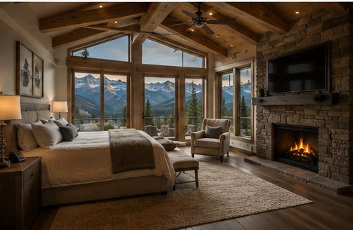 A vaulted primary bedroom with mountain windows